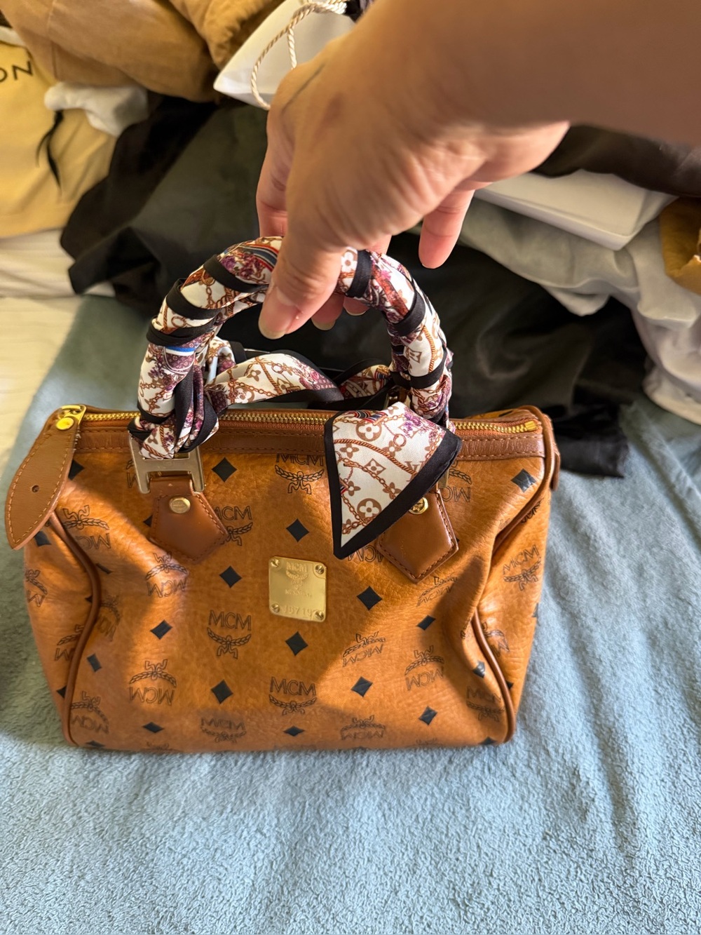 MCM Cognac Visetos Monogram Satchel with Scarf-Wrapped Handle